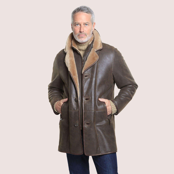 Mens Shearling Country Coat with Removable Lambskin Bib, Zippered Pockets and Warmth - Shearland