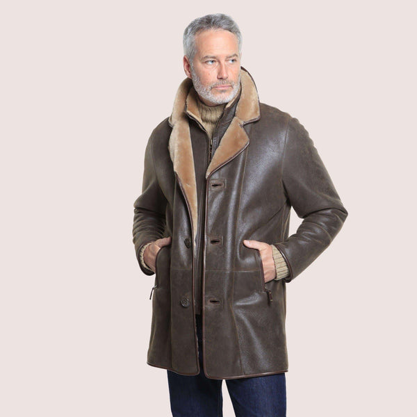 Mens Shearling Country Coat with Removable Lambskin Bib, Zippered Pockets and Warmth - Shearland
